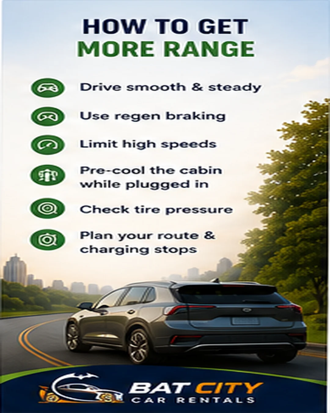 Electric vehicle range tips including smooth driving, regenerative braking and route planning