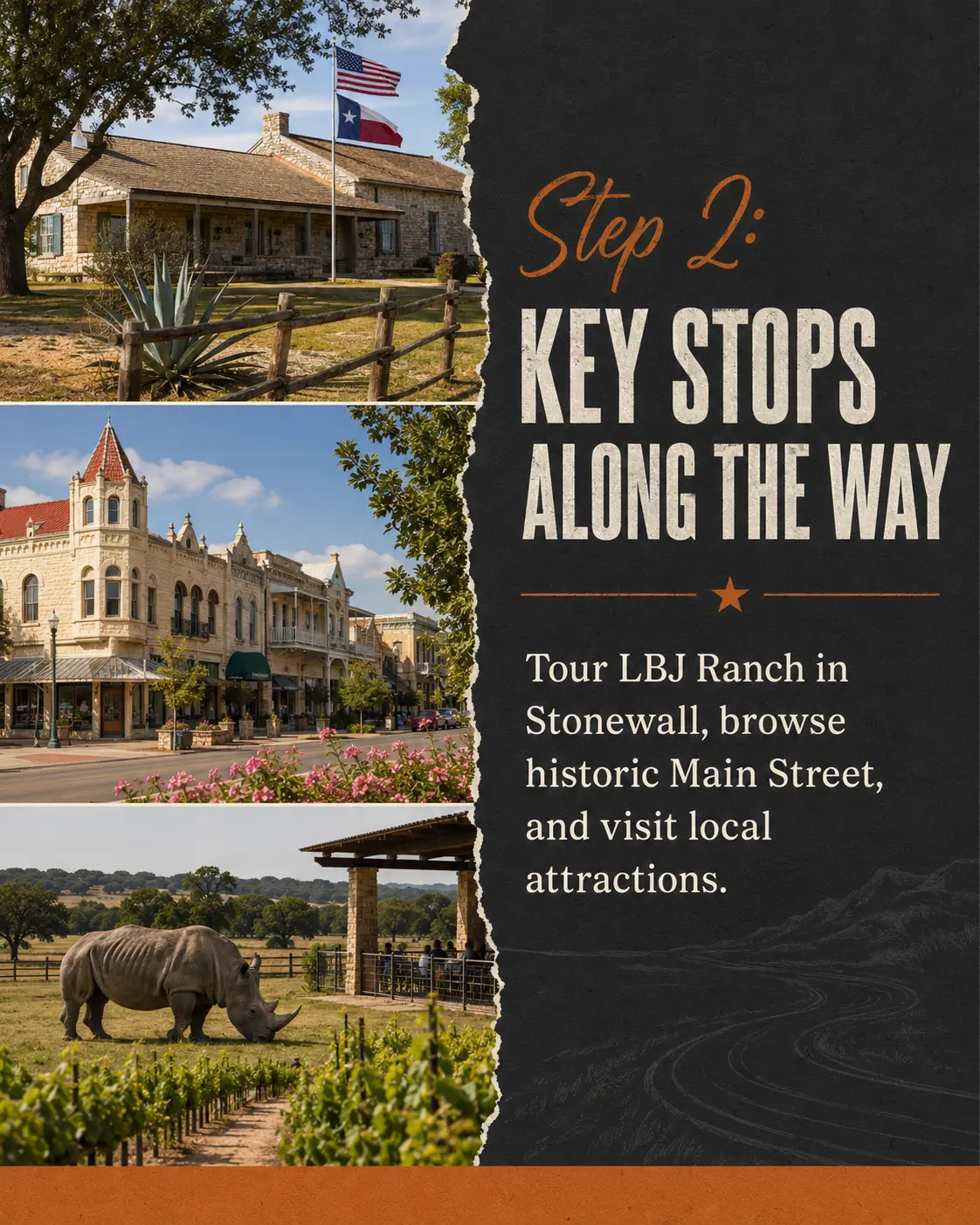 Texas Hill Country road-trip stops including LBJ Ranch, Fredericksburg Main Street and wildlife