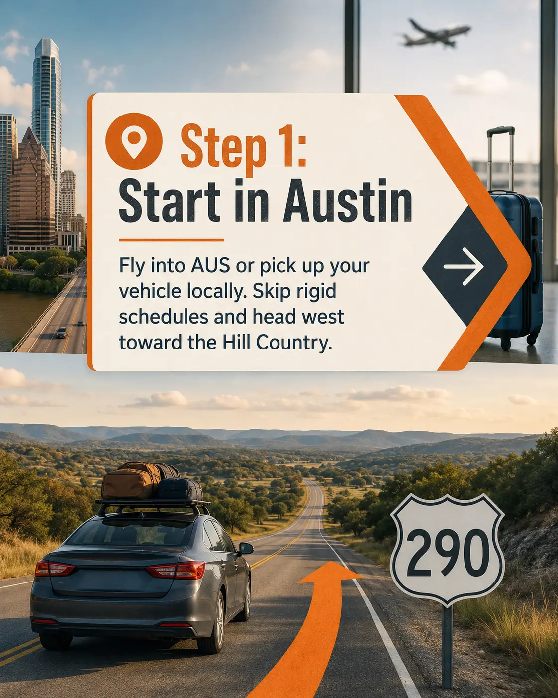 Starting an Austin-to-Fredericksburg road trip in a Bat City Rentals vehicle