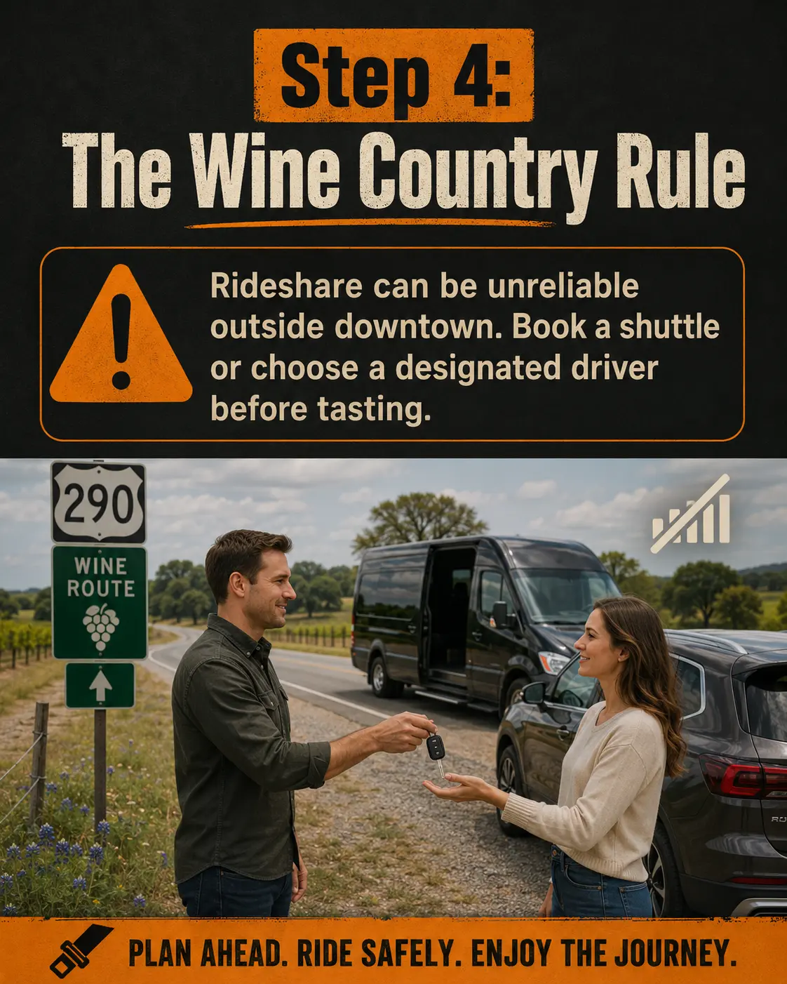 Fredericksburg wine-country safety reminder to use a shuttle or designated driver