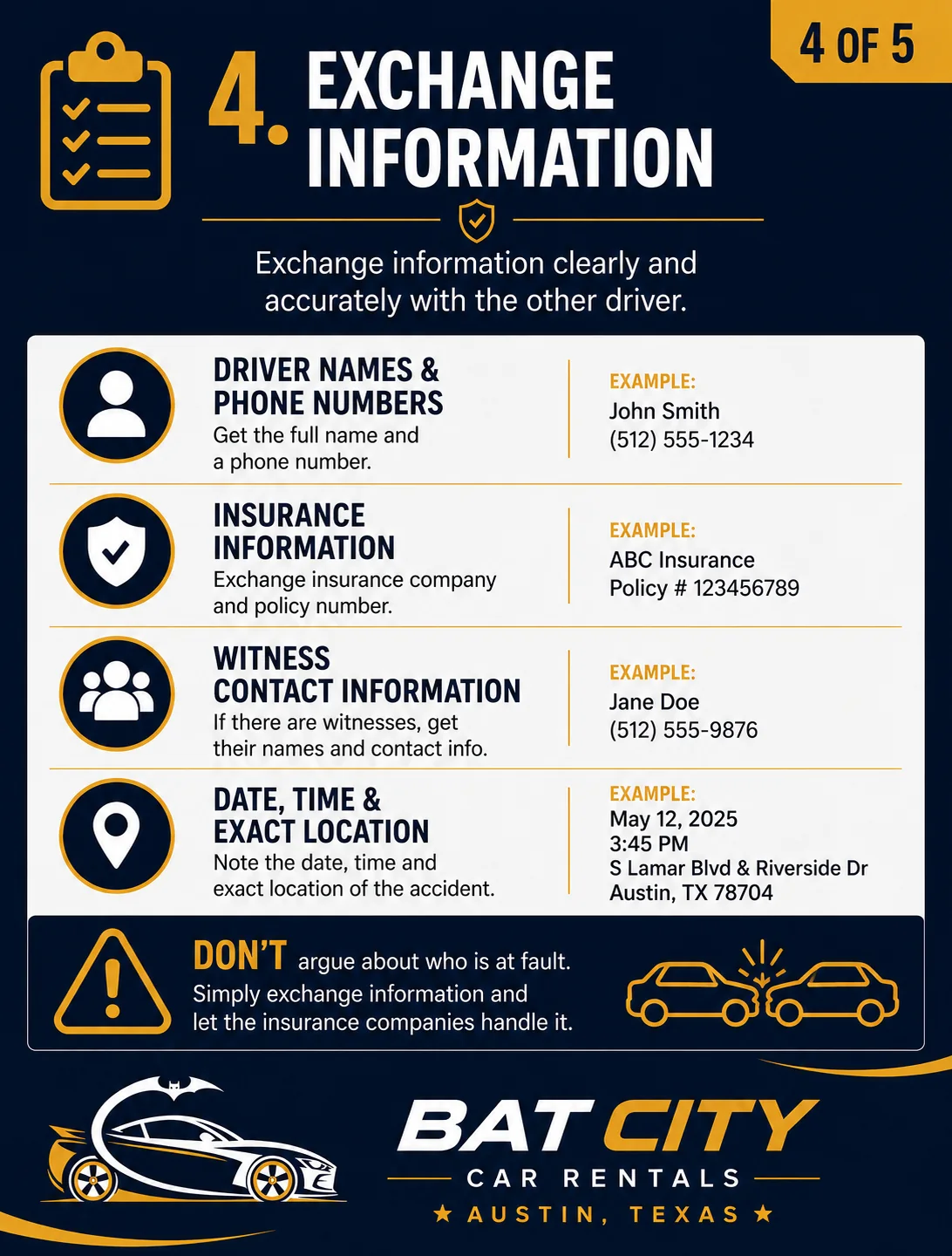 Checklist for exchanging driver, insurance, witness, date, time, and location information after a crash